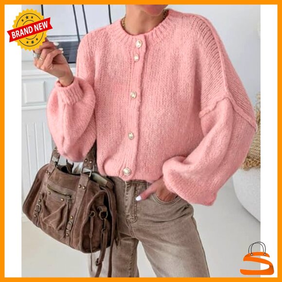 Chunky Knit Cardigan Oversized Fit Lantern Sleeve Button Up Cozy Sweater - Picture 6 of 7